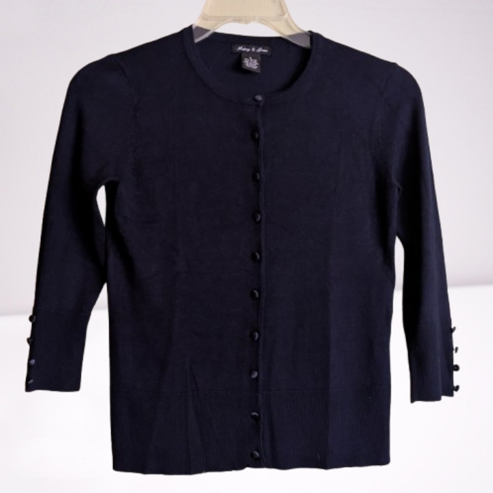 Audrey & Grace Cardigan Sweater Navy Blue Satin Covered Buttons Rayon Small